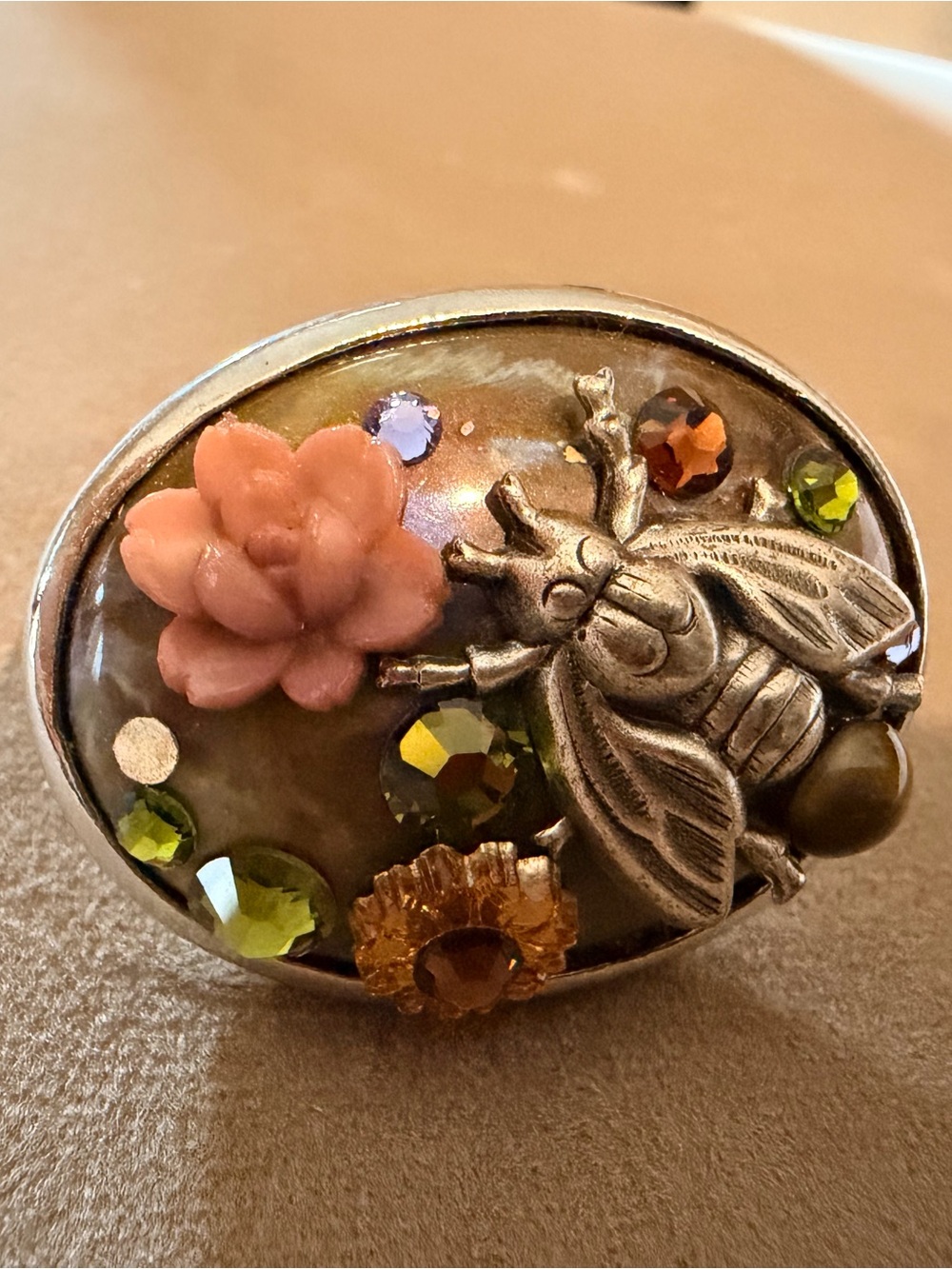 Tarina Tarantino Pink Flower and Olive Bee adjustable Vintage Cocktail Ring